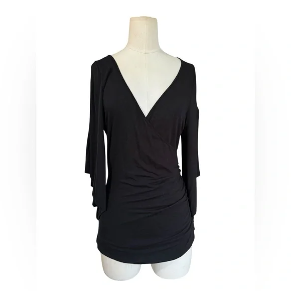 Boston proper Black Draped Surplice Top Split Bell Sleeve Blouse - Picture 3 of 7